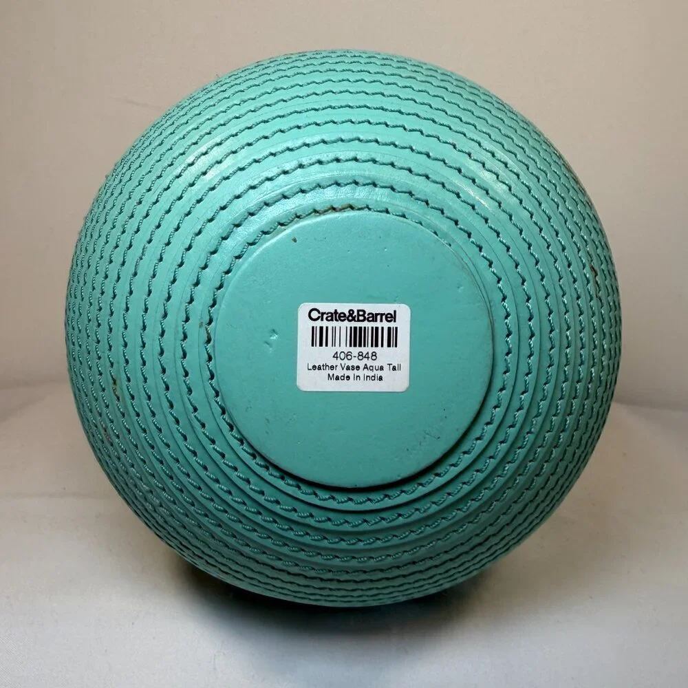 CRATE & BARREL Aqua Leather Spiral Wrapped Tall Vase Decor 10.5